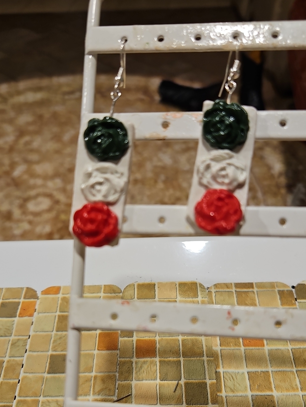 Handmade Tricolor Floral Drop Earrings - Green White Red
